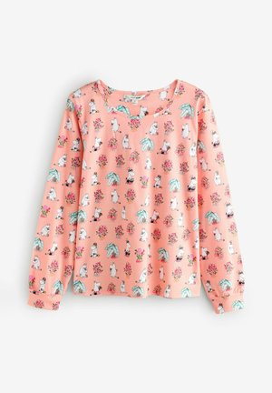 Langærmet sweatshirt i koralfarve fremstillet af blødt stof, med et legende mønster af tegneseriefigurer, blomster og tropiske blade.