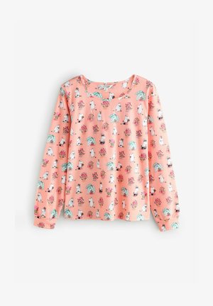 Langärmliges Korall-Sweatshirt aus weichem Stoff, das ein verspieltes Muster aus Cartoonfiguren, Blumen und tropischen Blättern zeigt.
