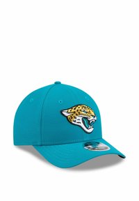 Casquette de baseball teal en tissu avec un logo de jaguar brodé en jaune et noir à l'avant. Couronne arrondie et visière incurvée.
