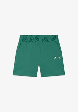 Pantalones cortos de algodón en color verde azulado con una cinturilla decorativa estampada, que cuentan con bolsillos laterales y un logo metálico en la pierna izquierda.