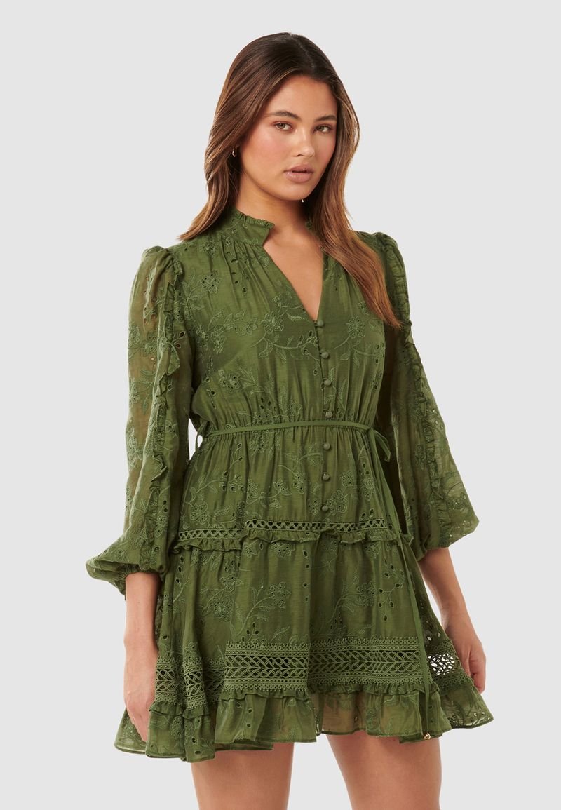 green emerald velvet dress Green Eyelet Strapless Midi Dress with Lace Xs