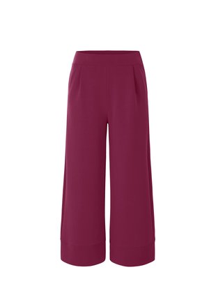 Pantalons larges bordeaux en tissu extensible doux, avec ceinture élastique et deux plis avant pour plus de volume. Sans poches.