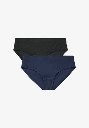Mutande hipster in cotone nero e blu navy, con una trama liscia e una cintura elastica, distese in piano senza motivi visibili.