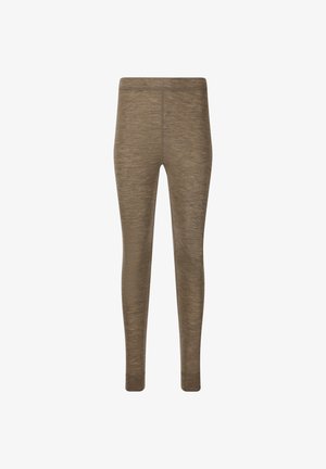 Braune, schmal geschnittene Leggings aus einem weichen, strukturierten Material. Verfügt über einen hohen Bund und ein nahtloses Design, geeignet für den lässigen Gebrauch.