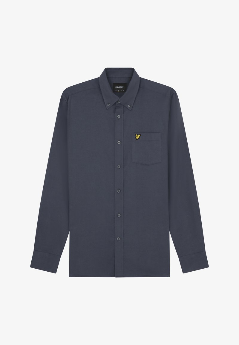 Camicia a maniche lunghe, con bottoni, in tessuto blu scuro. Presenta una tasca sul petto con un accento del logo giallo, colletto a punta e polsini standard.