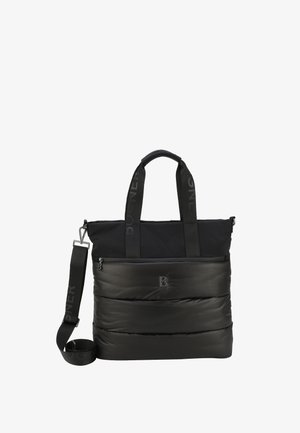 Bolso tote negro con una sección inferior acolchada, parte superior de tela contrastante, dos asas y una correa de hombro ajustable. Cuenta con un bolsillo frontal con cremallera.