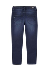 Jeans skinny azul oscuro con una textura suave, cinturilla elástica y dos bolsillos traseros con costuras contrastantes.