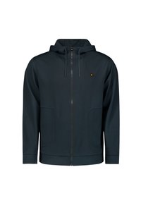 Felpa con zip di colore navy realizzata in tessuto morbido. Presenta un cappuccio con cordino, due tasche frontali e un piccolo logo nella zona del petto.