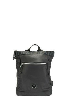 Black nylon backpack with a fold-over top, zippered front pocket, and logo detail. Features adjustable straps and a top carrying handle.