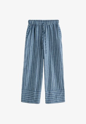 Blue striped, wide-leg pants with an elastic waistband and drawstring. Features contrasting horizontal stripes at the hem. Fabric has a textured appearance.