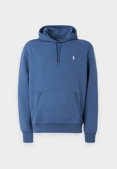 Blue hoodie made of soft material with a front pocket, drawstring hood, and white logo detail on the chest. Features ribbed cuffs and hem.