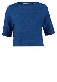 Haut bleu en tricot à manches courtes avec finition texturée et encolure ronde. Caractérisé par des manches raglan sans boutons visibles ni ornements.