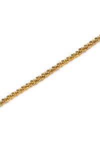 Goldfarbener Kettenarmreif mit miteinander verbundenen Gliedern, die ein strukturiertes, geflochtenes Muster aufweisen. Leicht und mit einer glatten Oberfläche sowie einer einheitlichen Form.