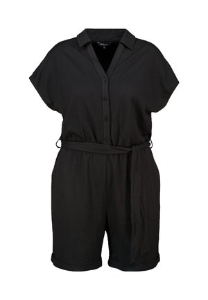 Zwarte korte mouwen romper met knoopsluiting aan de voorkant, kraag en een stoffen riem. Gemaakt van een gestructureerd materiaal met opgerolde mouwen.