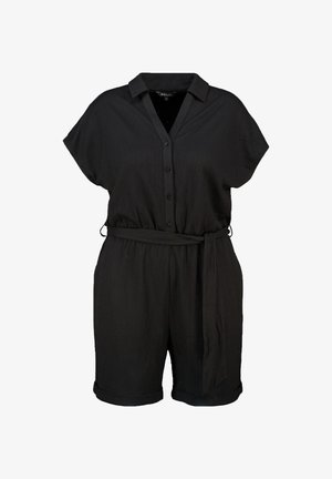 Zwarte korte mouwen romper met knoopsluiting aan de voorkant, kraag en een stoffen riem. Gemaakt van een gestructureerd materiaal met opgerolde mouwen.