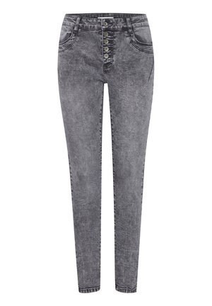 Jeans en denim gris, avec une taille haute, une fermeture à cinq boutons et deux poches avant. Le tissu a un aspect texturé délavé.