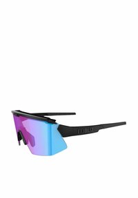Gafas de sol deportivas con un marco negro, grandes lentes espejados en azul y rosa, diseño angular y brazos texturizados que presentan el logo "BLIZ".