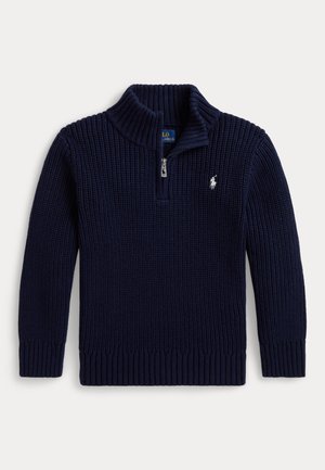 Pull en maille côtelée bleu marine avec fermeture éclair sur un quart et col montant, orné d'un petit logo blanc de joueur de polo sur la poitrine.
