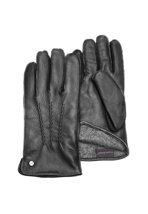 Gants en cuir noir avec une finition texturée. Les caractéristiques incluent trois lignes de couture décoratives et une doublure en tissu gris contrastant, avec un accent bouton.
