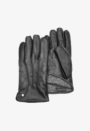 Schwarze Lederhandschuhe mit strukturiertem Finish. Merkmale sind drei dekorative Stichlinien und ein kontrastierendes graues Futter aus Stoff, ergänzt durch einen Knopfakzent.