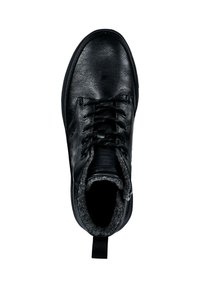 Schwarze Leder Schnürstiefel mit gepolstertem grauem Stofffutter, seitlichem Reißverschluss und Ziehlasche an der Ferse, aus der Vogelperspektive dargestellt.