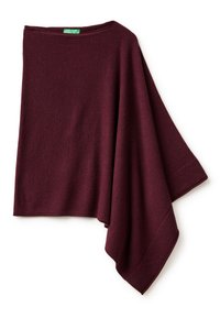 Poncho a maglia di un bordeaux scuro con orlo asimmetrico e collo ampio, dotato di un piccolo etichetta verde del marchio all'interno del collo.