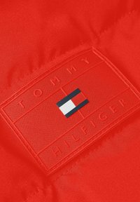 Röd tyg med en sydd rektangulär applikation med texten "TOMMY HILFIGER" och en logotyp i blått, vitt och rött. Slät textur.