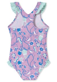 Einteiliger lila Badeanzug mit Mustern von blauen und grünen Meeresbewohnern. Verfügt über rüschige aquafarbene Träger und ein rundes Halsdesign.