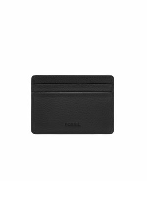Black leather cardholder featuring a textured surface, four card slots, and embossed brand logo on the front. Slim and rectangular design.
