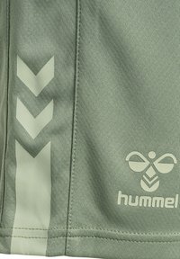 Grön tyg med en vertikal rad av reflekterande chevroner till vänster och hummel-bioläget med text till höger.