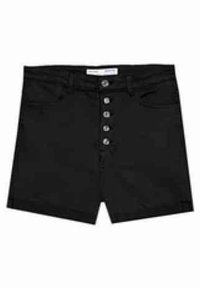 Pantalones cortos de mezclilla negra con cinco botones frontales, un diseño ajustado y dos bolsillos delanteros. Textura suave con un dobladillo limpio.