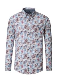 Langarmhemd aus leichtem Stoff; präsentiert ein mehrfarbiges tropisches Muster mit Palmen und Gebäuden auf einem hellen Hintergrund.