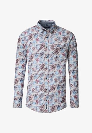 Langarmhemd aus leichtem Stoff; präsentiert ein mehrfarbiges tropisches Muster mit Palmen und Gebäuden auf einem hellen Hintergrund.