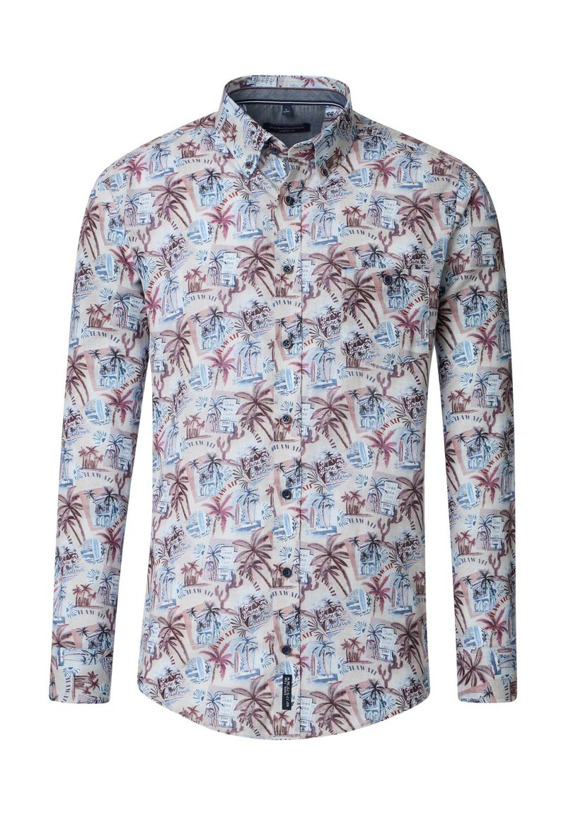 Langarmhemd aus leichtem Stoff; präsentiert ein mehrfarbiges tropisches Muster mit Palmen und Gebäuden auf einem hellen Hintergrund.