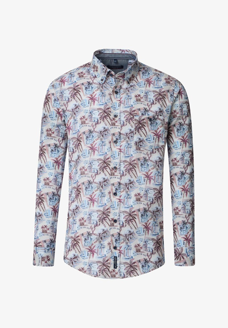 Langarmhemd aus leichtem Stoff; präsentiert ein mehrfarbiges tropisches Muster mit Palmen und Gebäuden auf einem hellen Hintergrund.