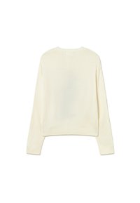 Hell elfenbeinfarbener, gestrickter Pullover mit Rundhalsausschnitt, langen Ärmeln und geripptem Saum. Die Rückseite zeichnet sich durch eine glatte, strukturierte Oberfläche aus.