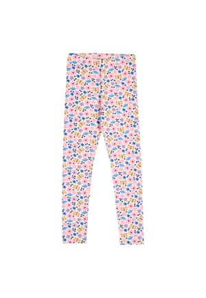 Leggings pour enfants avec un motif floral et papillons coloré en rose, bleu, violet et jaune sur fond blanc.