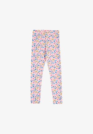Kinderleggings mit einem bunten Blumen- und Schmetterlingsmuster in Pink, Blau, Lila und Gelb auf weißem Hintergrund.
