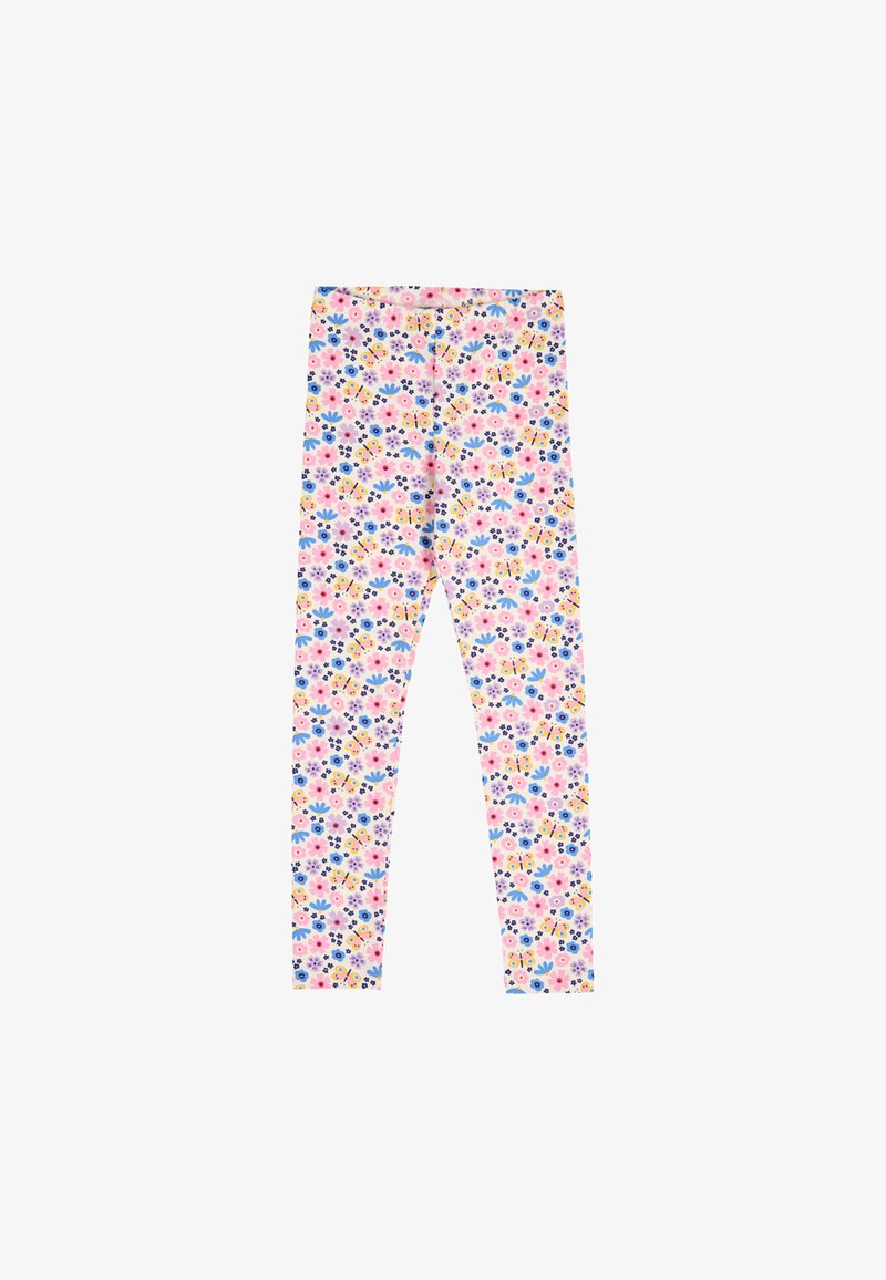 Leggings pour enfants avec un motif floral et papillons coloré en rose, bleu, violet et jaune sur fond blanc.
