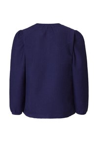 Marineblå blus med långa ärmar i en strukturväv, rundad halsringning och puffärmar med veck, med en rak nederkant.