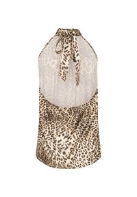 Halenka na krk s leopardím potiskem a průsvitným přehozem, detaily na zavazování u krku a nařaseným zadním dílem. Materiál je lehký a hladký, s béžovým a hnědým vzorem.