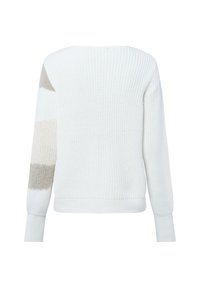 White knitted long-sleeve sweater with beige and light gray horizontal stripes on the left sleeve, shown from the back.