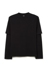 Schwarzes Langarm-T-Shirt aus Baumwolle. Verfügt über einen Rundhalsausschnitt und eine lässige Passform mit einem minimalistischen Design. Keine sichtbaren Muster oder Akzente.