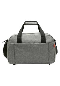 Graue Stoff-Duffel-Tasche mit schwarzen Akzenten, doppelten Griffen, Schulterriemen und einer Fronttasche. Strukturierte Oberfläche mit Reißverschluss.