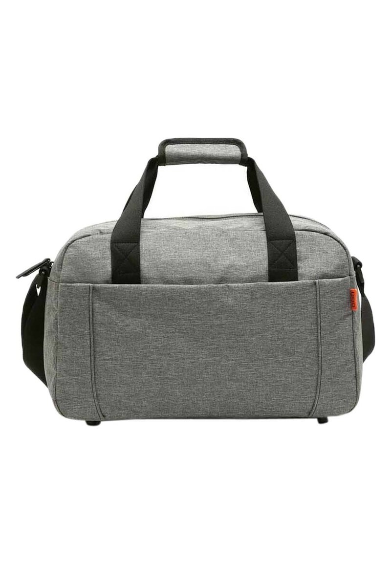 Graue Stoff-Duffel-Tasche mit schwarzen Akzenten, doppelten Griffen, Schulterriemen und einer Fronttasche. Strukturierte Oberfläche mit Reißverschluss.