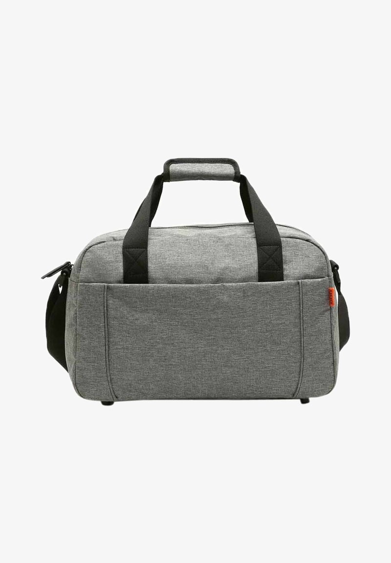 Graue Stoff-Duffel-Tasche mit schwarzen Akzenten, doppelten Griffen, Schulterriemen und einer Fronttasche. Strukturierte Oberfläche mit Reißverschluss.