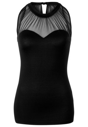 Top negro sin mangas con panel superior de malla transparente, diseño ajustado, escote redondo y sutil detalle recogido en los hombros.