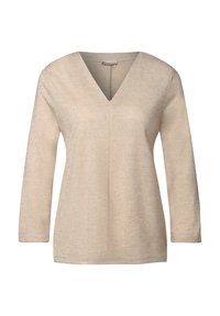 Beige Langarmshirt mit V-Ausschnitt und gerader Silhouette, ausgestattet mit einem strukturierten Stoff und dezenten Nahtdetails auf der Vorderseite.