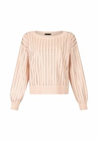Pull en maille rose clair à manches longues avec des rayures verticales ajourées et un col rond, des poignets et un ourlet côtelés.