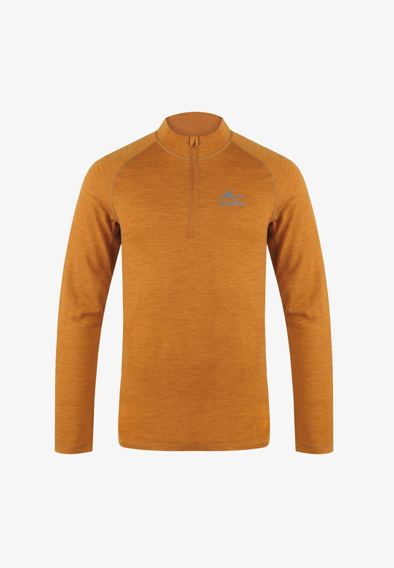 Oranžový pulovr s dlouhým rukávem a zipem do poloviny límce, vyrobený z texturované tkaniny. Na hrudi se nachází modré logo hory.